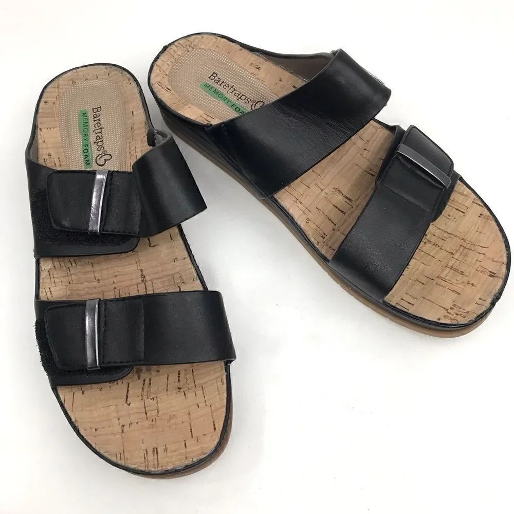 BareTraps CHERILYN Black Double Adjustable Strap Corkbed Slip On Slide Sandals